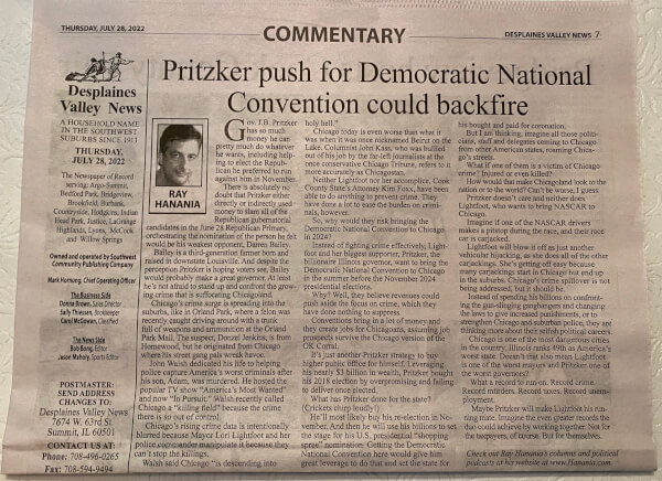 Hanania newspaper column on Pritzker pushing for Democratic National COnvention