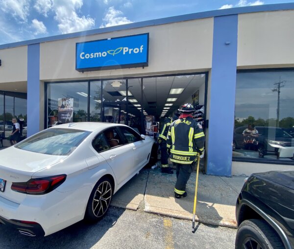 car crashed through the front window of CosmoProf at 9109 W. 151st Street in Orland Park on Tuesday, July 19, 2022 11:45 AM.