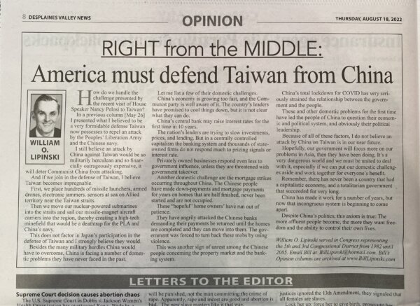 08-17-22 Lipinski column America must defend Taiwan