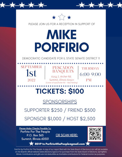 Illinois Senate Candidate Mike Porfirio Fundraiser Sept. 1, 2022