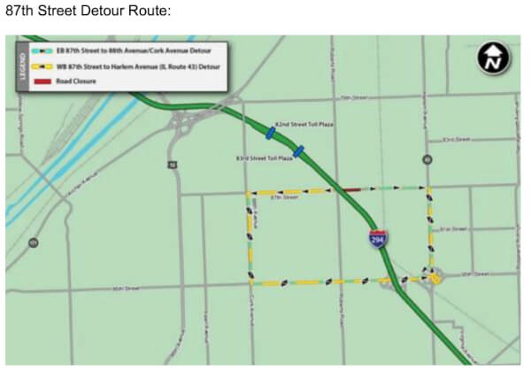 Overnight closures planned for Roberts Road and 87th Street for Tri-State Tollway (I294) construction work
