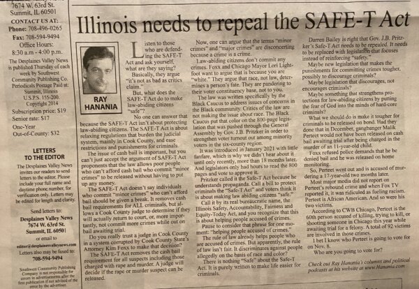 Column repeal the Safe-T Act Oct. 14, 2022 by Ray Hanania Southwest News Newspaper Group