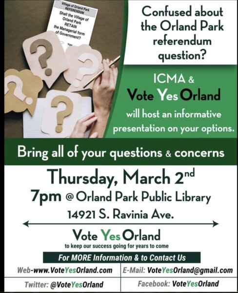 VoteYesOrland.com flier promoting information meeting March 2, 2023 at the Orland Park Library