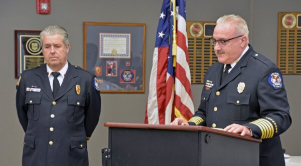 Orland Fire Protection DIstrict Michael Schofield addresses firefighters and their families and district employees at a promotions ceremony April 6, 2023