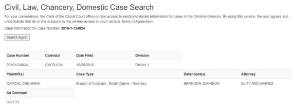 Brandon Johnson's Breach of Contract judgment, debt