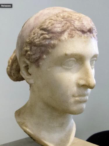 The Berlin Cleopatra, a Roman sculpture of Cleopatra wearing a royal diadem, mid-1st century BC (around the time of her visits to Rome in 46–44 BC), discovered in an Italian villa along the Via Appia and now located in the Altes Museum in Germany. Photo courtesy of Wikipedia