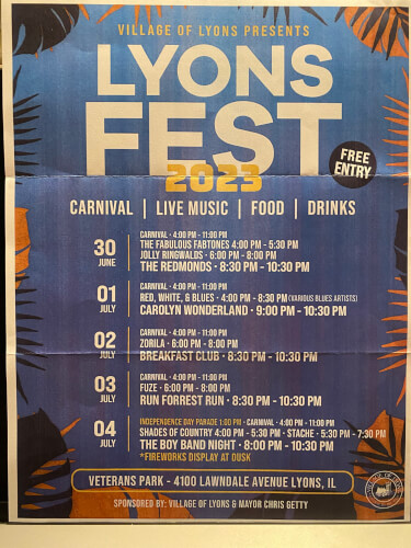 LyonsFest 2023 will take place from Friday, June 30 - Tuesday, July 4 at Veterans Park in Lyons. There will be carnival rides and games, live music, food, drinks, art/craft vendors, and more. The fest will be open each day from 4 PM - 11 PM and entry is free.