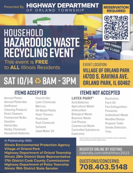 Oct. 14, 2023 Hazardous Waste recycling event hosted by Orland Township Highway Commissioner Antonio Rubino and State Senator Michael Hastings.