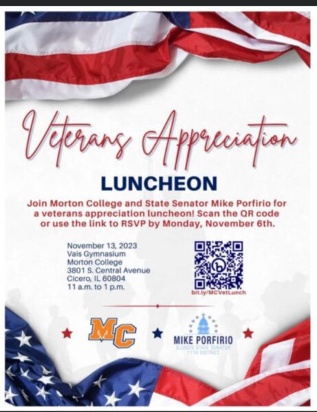 Senator Mike Porfirio hosts Veterans Appreciation Luncheon at Morton College, Monday Nov. 13, 2023