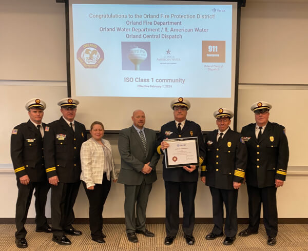Verisk officials present official recognition of the highest safety preparedness achievement to the Orland Fire Protection District (OFPD) at a ceremony on Thursday, Jan. 18, 2024