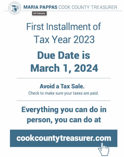 Cook County Treasurer Taxes due March 1, 2024