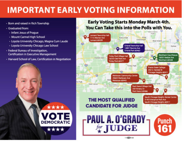 O'Grady seeking volunteers in 15th SubCircuit Judicial Race

Message from Paul O'Grady, candidate for Judge in the 15th SubCircuit:

As many of you know I'm running for judge in the March 19th, 2024, election.
