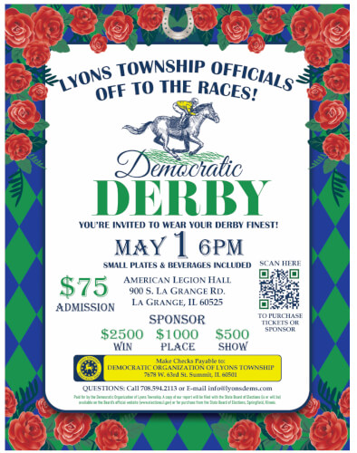 Lyons Township Democrats to host "Off to the Races" fundraiser May 1, 2024 in LaGrange
