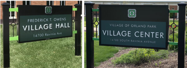 Before (Left) and after (right) Village of Orland Park signs. Pekau replaced the Owens signs with signs that also include his own name in new locations. April 2024. Photo courtesy of Ray Hanania