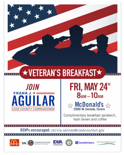 Cook County Commissioner Frank Aguilar to host Veteran's Breakfast Fri May 24