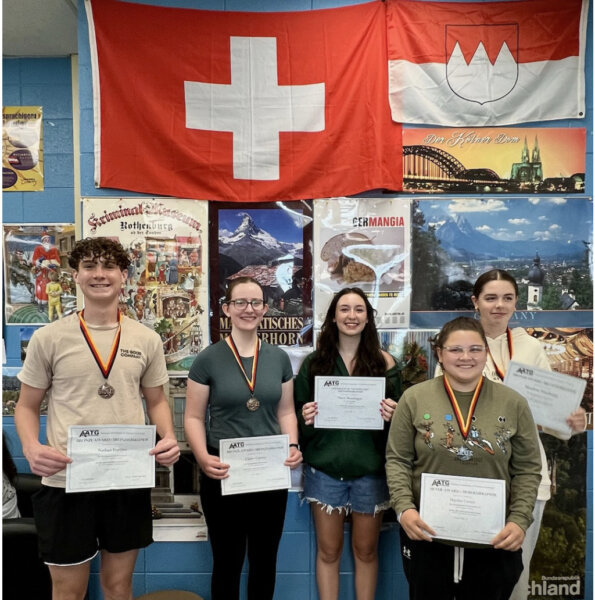 (Left to right)  Andrew German students and bronze medal winners Nathan Fortino and Claire Carney, Taryn Mondragon, silver medalist Hayden Cortez, and another bronze medal winner Meadow Nussbaum.  