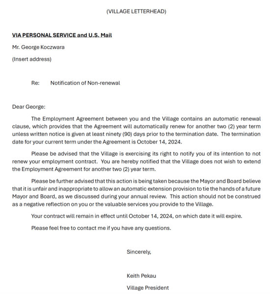 Notification of non-renewal of George Koczwara as Orland Park Village Manager on Village agenda (17) for June 17, 2024