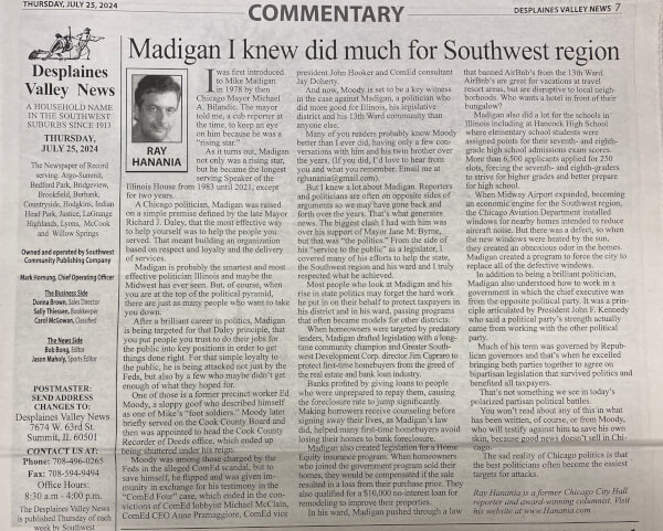 Ray Hanania newspaper column on Mike Madigan 07-25-24 in the Southwest News Newspaper Group, Chicago