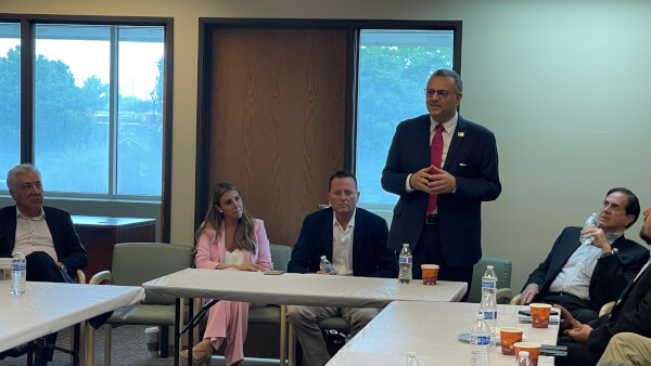 Dr. Massad Boulos, Trumps Attorney Alina Habba and Amb Richard Grenell speak to Arab American leaders during recent meetings in Michigan July June 24, 2024. Photo courtesy of Arab Americans for Trump