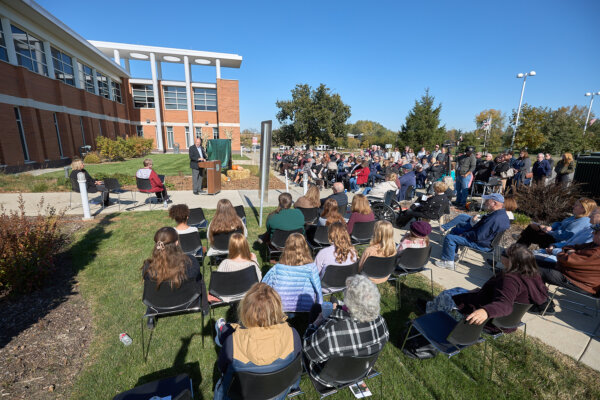 Mayor Dodge addresses community gathering for the Sunday, October 26, the Village of Orland Park rededication of Village Hall in honor of the late former Mayor Fredrick T. Owens