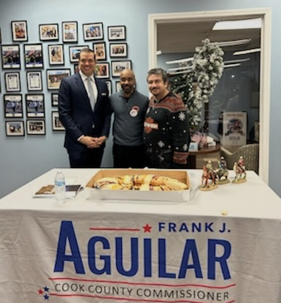 Lyons Mayor Chris Getty and Pastor John Harrell, candidate for the 8th Illinois Legislative District join Cook County Commissioner Franbk Aguilar in one of the Mexican Communtiy' most cherished events, Three Kinds Day that Aguilar hosts every year.