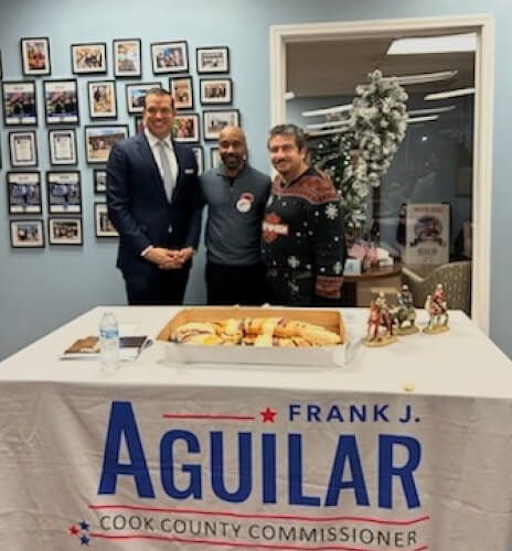 Lyons Mayor Chris Getty and Pastor John Harrell, candidate for the 8th Illinois Legislative District join Cook County Commissioner Franbk Aguilar in one of the Mexican Communtiy' most cherished events, Three Kinds Day that Aguilar hosts every year.