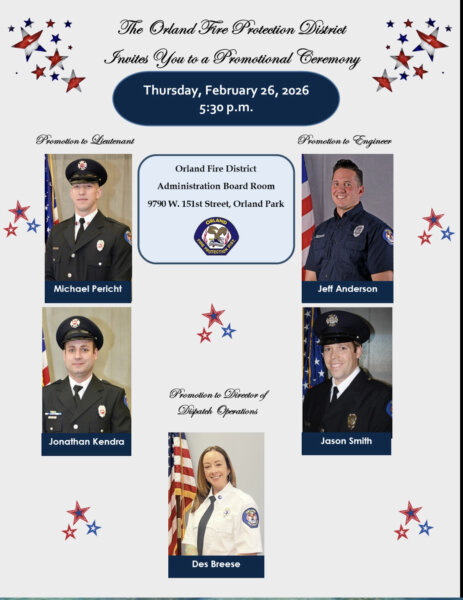 Orland Fire Fighters Lieutenants Michael Pericht and Jonathan Kendra, Engineers Jeff Anderson and Jason Smith and Director of Dispatch Operations Des Breese were promoted on Feb. 26, 2026