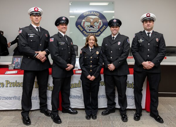 Orland Fire Fighters Lieutenants Michael Pericht and Jonathan Kendra, Engineers Jeff Anderson and Jason Smith and Director of Dispatch Operations Des Breese were promoted on Feb. 26, 2026