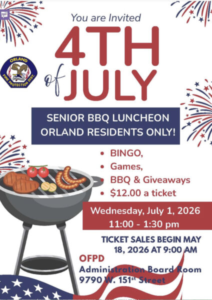 The OFPD will Host its Senior BBQ on Wednesday, July 1, 2026 as a part of the 4th of July commemoration. Tickets must be purchased ahead of time at the OFPD Admin building, 9790 W. 151st Street.