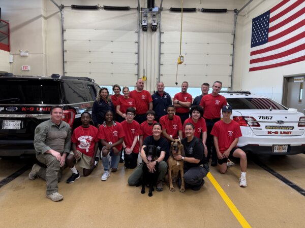 Junior Cadet campers with OFPD Staff and representatives of the days' first training program from the Cook County Canine Units.