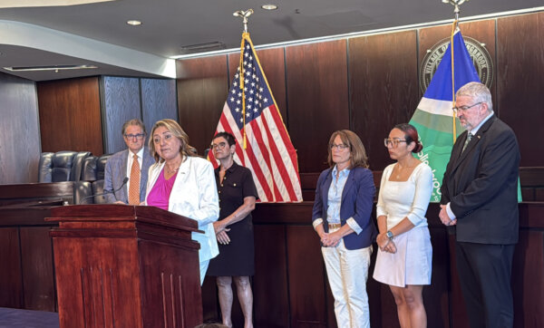 Bolingbrook Mayor Mary Alexander-Basta leads press conference urging residents to speak out at July 14 ICC hearing against Illinois American Water rate hike on 07-08-26