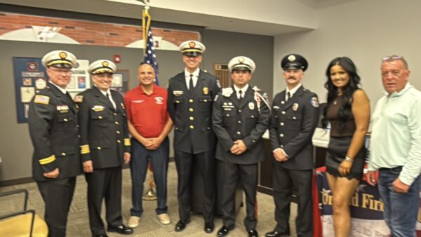 Battalion Chief Carl Jones, Deputy Fire Chief Joshua Girdick, OFPD Commissioner Mohammed Jaber, promotion candidates BC Russell Ricobene, Lt. Sergio Navarro, Engineer Justin Shanklin, and OFPD Trustees Bridget Tolan and DJ Jeffers. Photo Courtesy OFPD